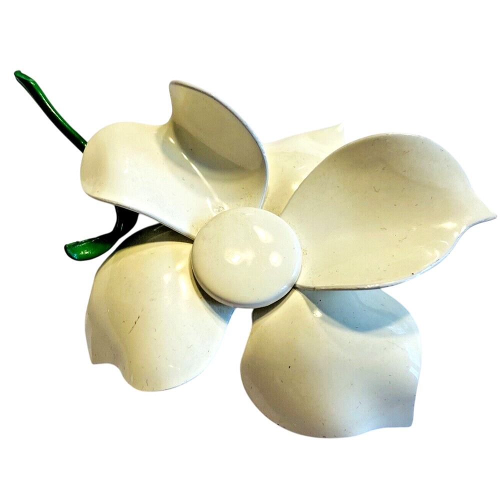 Vintage Flower Power White Enamel Brooch Mod 1960's Fashion Pin Green Stem